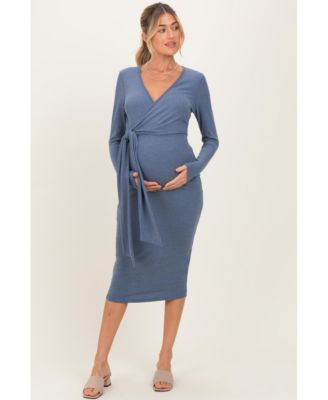 Maternity Denim Blue Ribbed Long Sleeve Wrap Dress