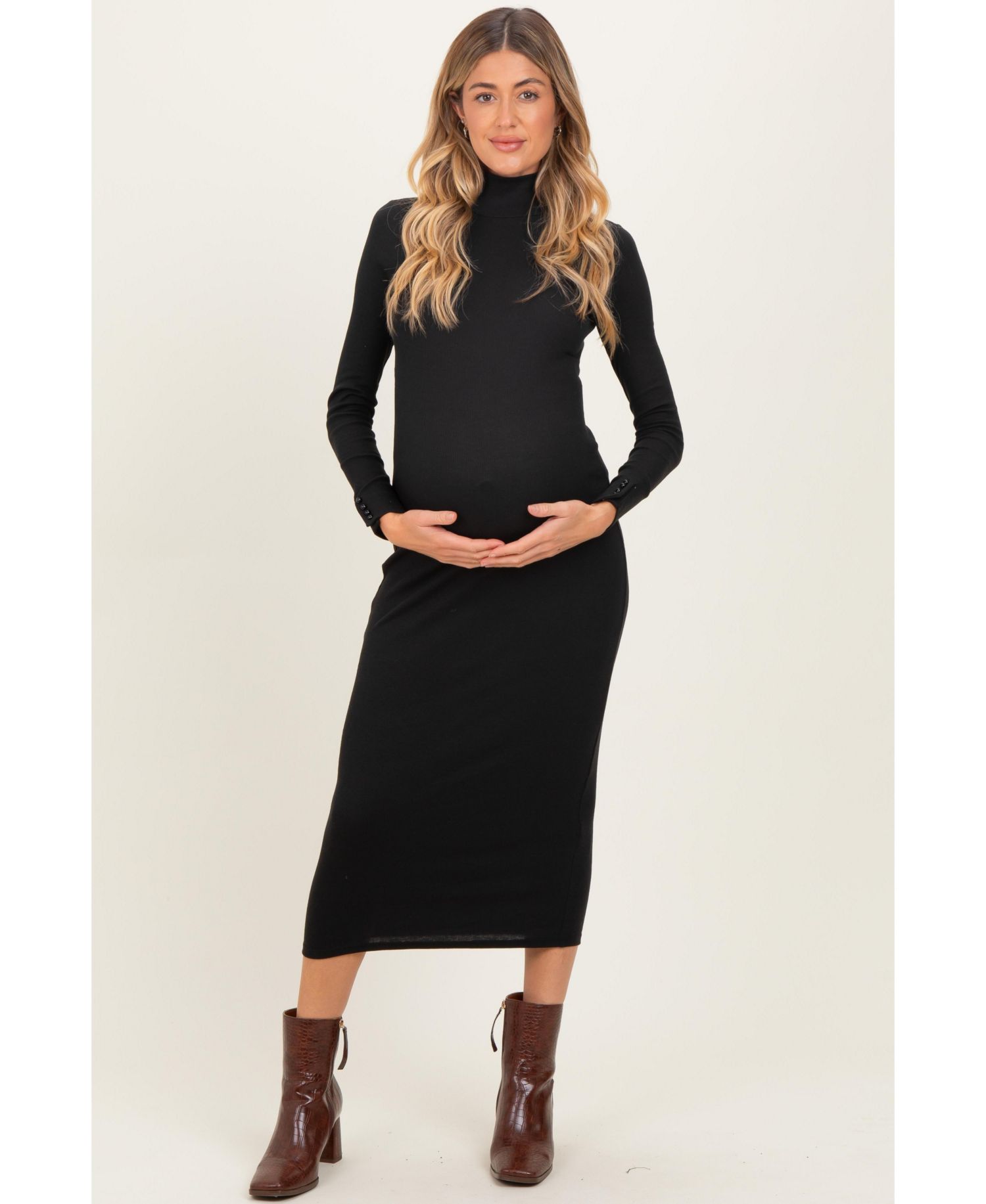 Women's Black Turtle Neck Long Sleeve Rib Fitted Midi Dress