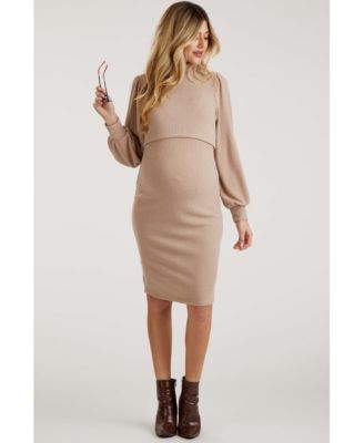 Maternity Taupe Rib Knit Mock Neck Nursing Dress
