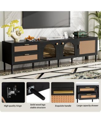 Rattan TV Stand with 3 Cabinets & 2 Drawers Media Console Table for TVs up to 80" with LED Light
