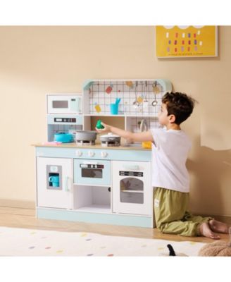 Wooden Play Kitchen for Kids, Toy Kitchen Set with Lights & Sounds, Ice Maker, Oven, Sink, Microwave, Fridge & Accessories