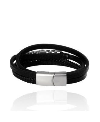 Men s Multi Row Leather & Chain 8.25'' Bracelet with Compass Emblem