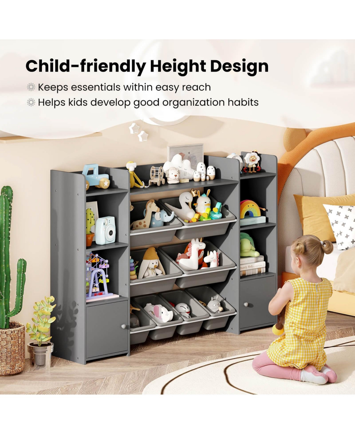 4-Tier Large Storage Cabinet with 6 Cubbies & 8 Removable Bins Bookshelf