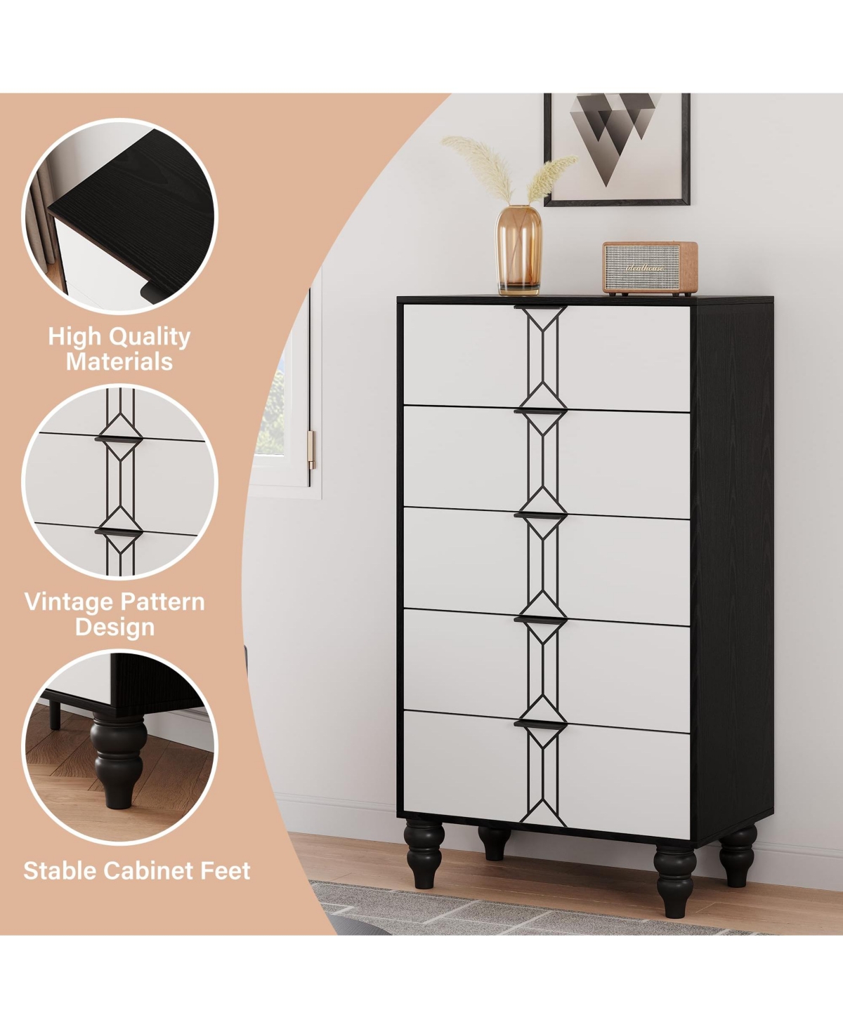 Gaomon 5 Drawer Dresser with Vintage Pattern Design, Modern and Stylish Dresser