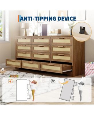 12-Drawer Rattan Bedroom Dresser, Modern Wood Storage Chest with Woven Panel Fronts for Nursery, Entryway, or Living Room, Natural