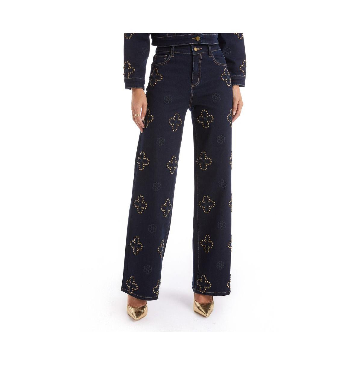The Noli Shop Women's Kaia Studded High Rise Jean - Indigo