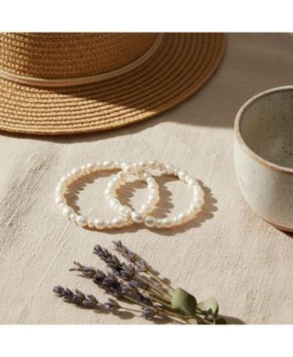 Set of 2 Stackable Baroque Irregular Shape White Freshwater Cultured Pearl Strand Stretch Bracelet Adjustable