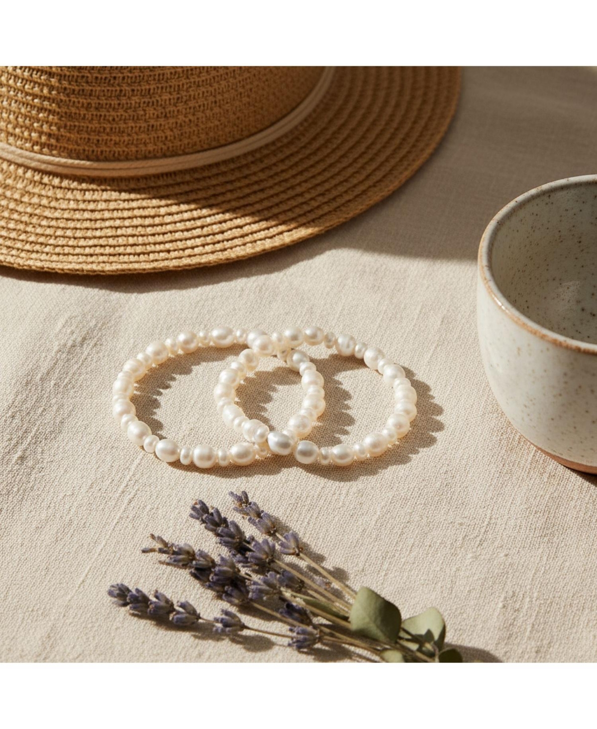 Bling Jewelry Set of 2 Stackable Baroque Irregular Shape White Freshwater Cultured Pearl Strand Stretch Bracelet Adjustable