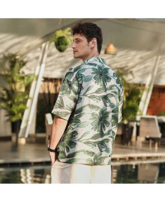 Men's Jungle Green & Ivory White Flora-Stroke Oversized Shirt