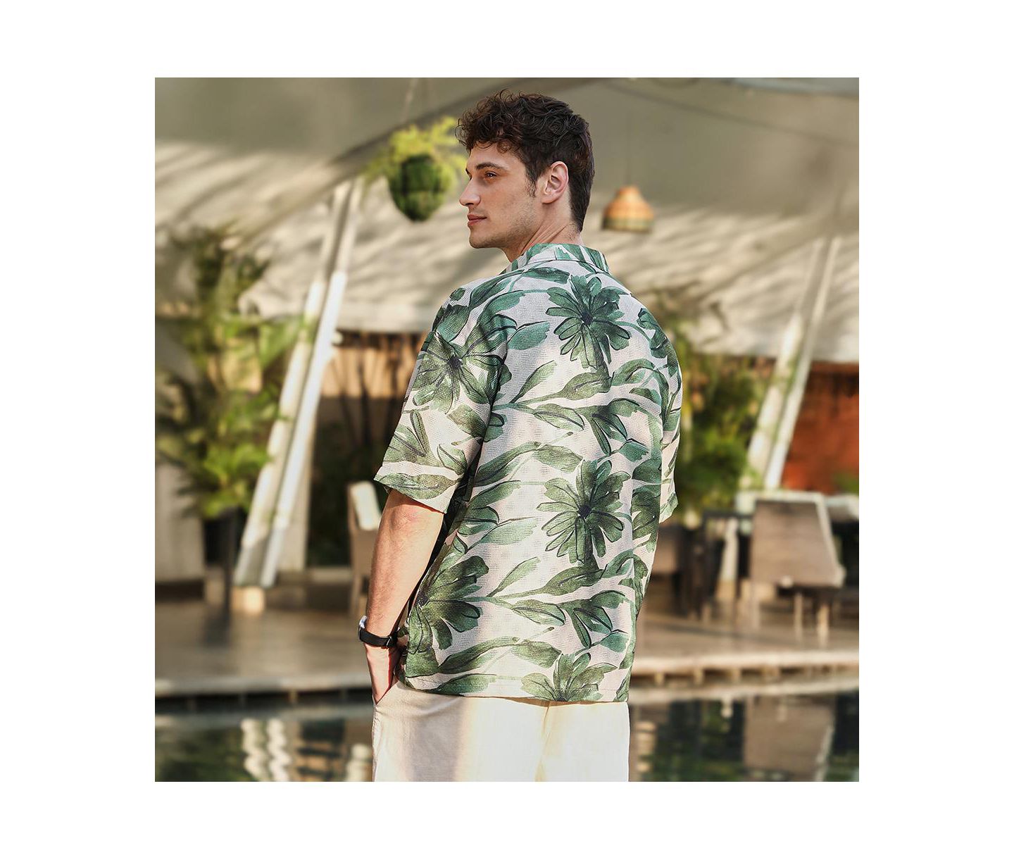 Мужская рубашка Cahoot Campus Sutra Jungle Green & Ivory White Flora-Stroke Oversized, цвет: Белый — фото 4