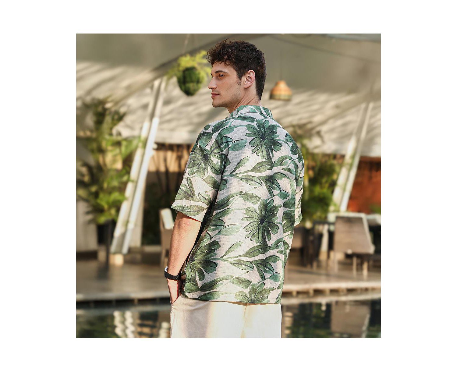 Men's Jungle Green & Ivory White Flora-Stroke Oversized Shirt