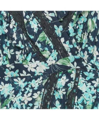 Women's Blue Floral Print Crepe Ruffled Wrap Mini Dress