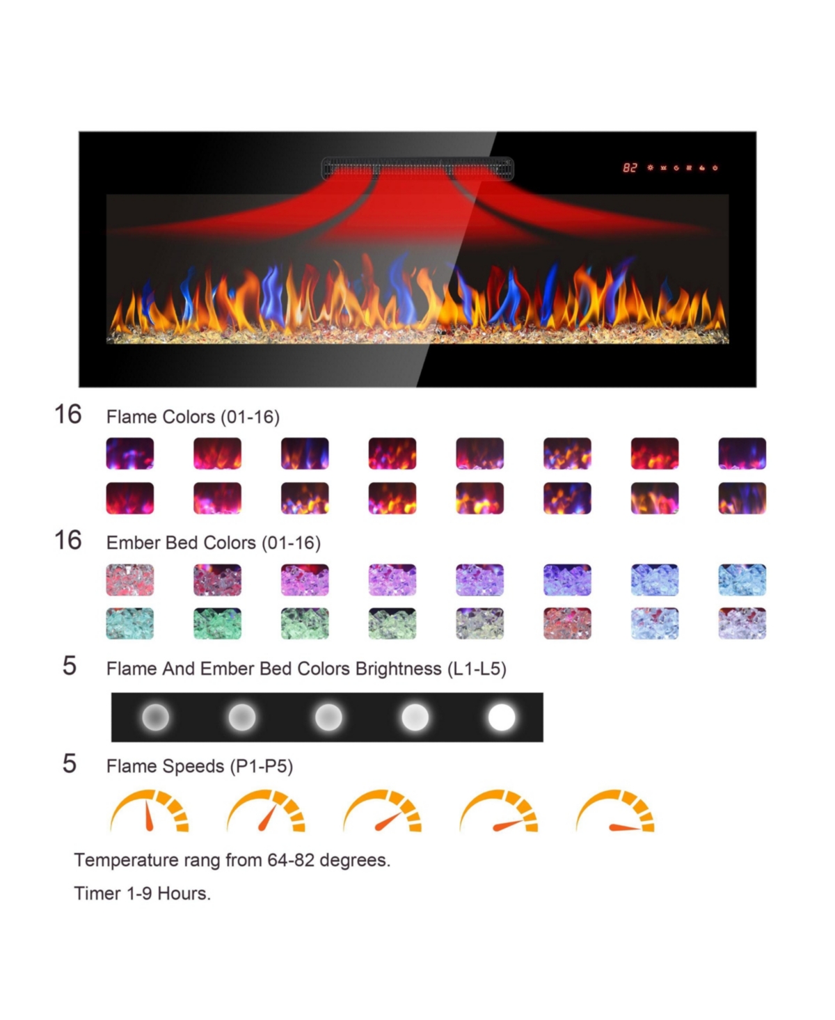 Flynama 60" Recessed Ultra-Thin Electric Fireplace with Tempered Glass, Remote, Multicolor Flame, Emberbed & Led Heater