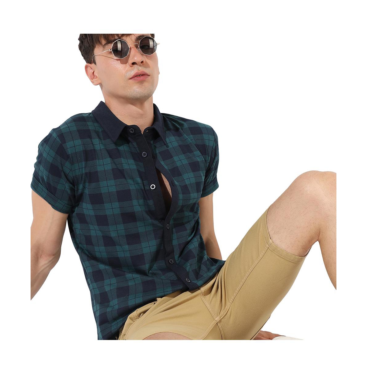 Campus Sutra Men's Green & Blue Tartan Plaid Shirt