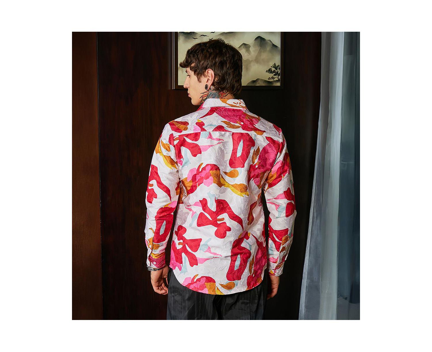 Men's Cream White & Scarlet Red Floral-Tactile Relaxed Shirt