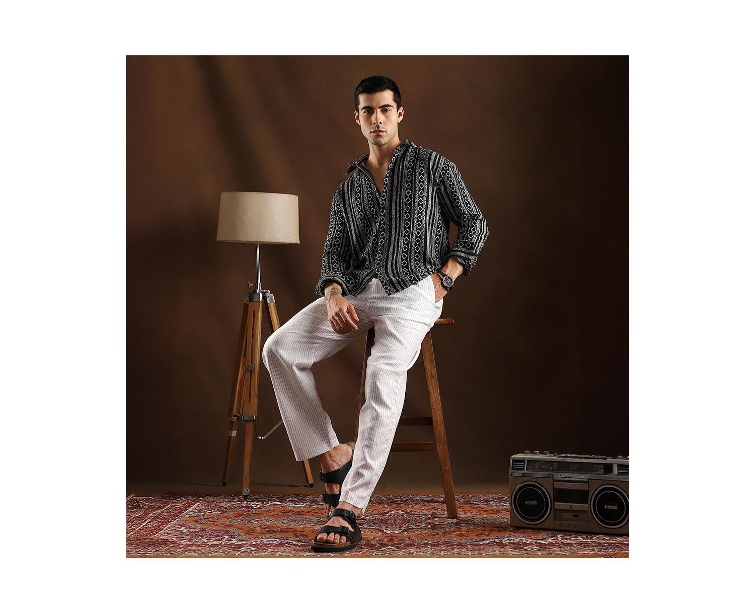 Men's Onyx Black Folk-Weave Shirt