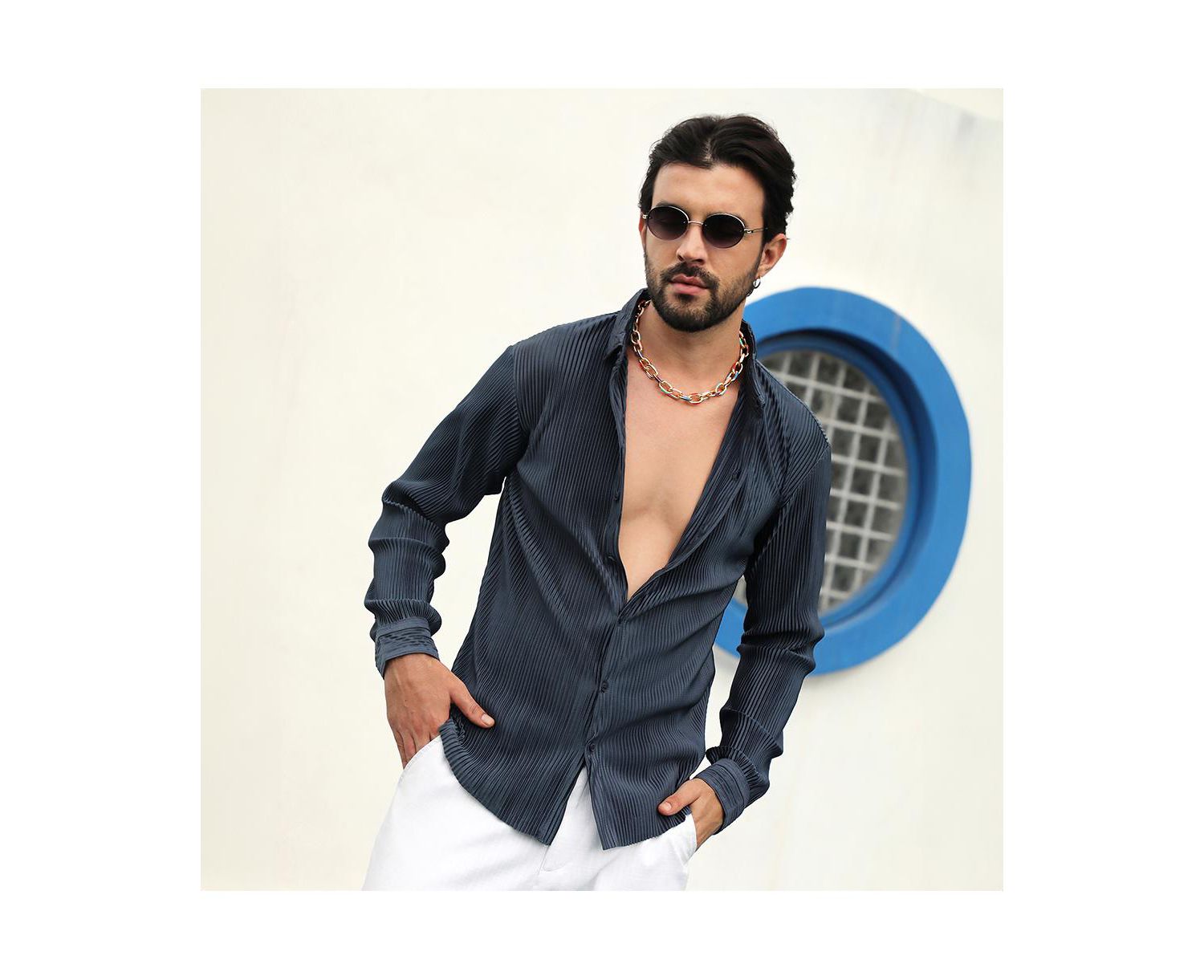 Men's Navy Blue Pleat-Creased Shirt