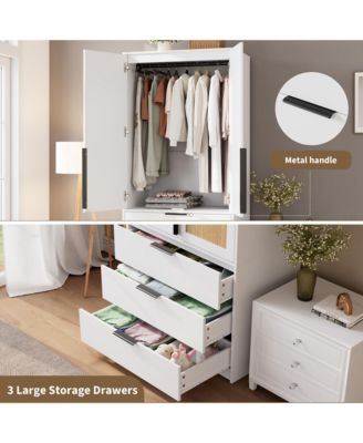 Armoire Wardrobe Closet, 69.5" Wooden Wardrobe Cabinet with 3 Drawers, Hanging Rod, 2 Doors Clothing Storage Cabinet