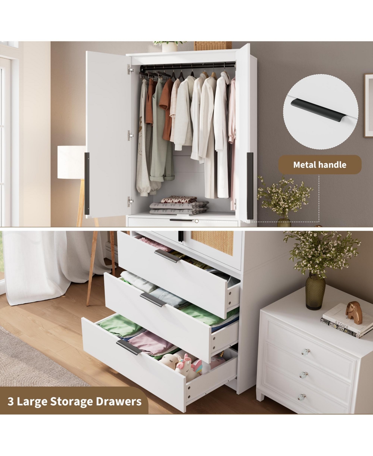 gaomon Armoire Wardrobe Closet, 69.5" Wooden Wardrobe Cabinet with 3 Drawers, Hanging Rod, 2 Doors Clothing Storage Cabinet