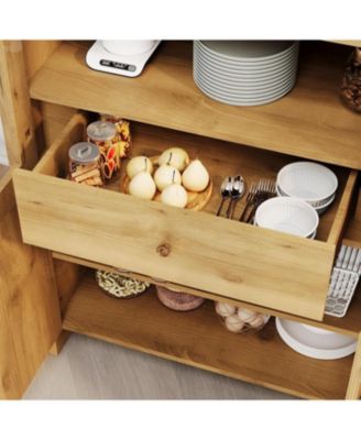 71" Tall Arched Kitchen Pantry Cabinet, Modern Farmhouse Kitchen Storage Cabinets with Open & Adjustable Shelves, Hidden Drawer & Glass Door