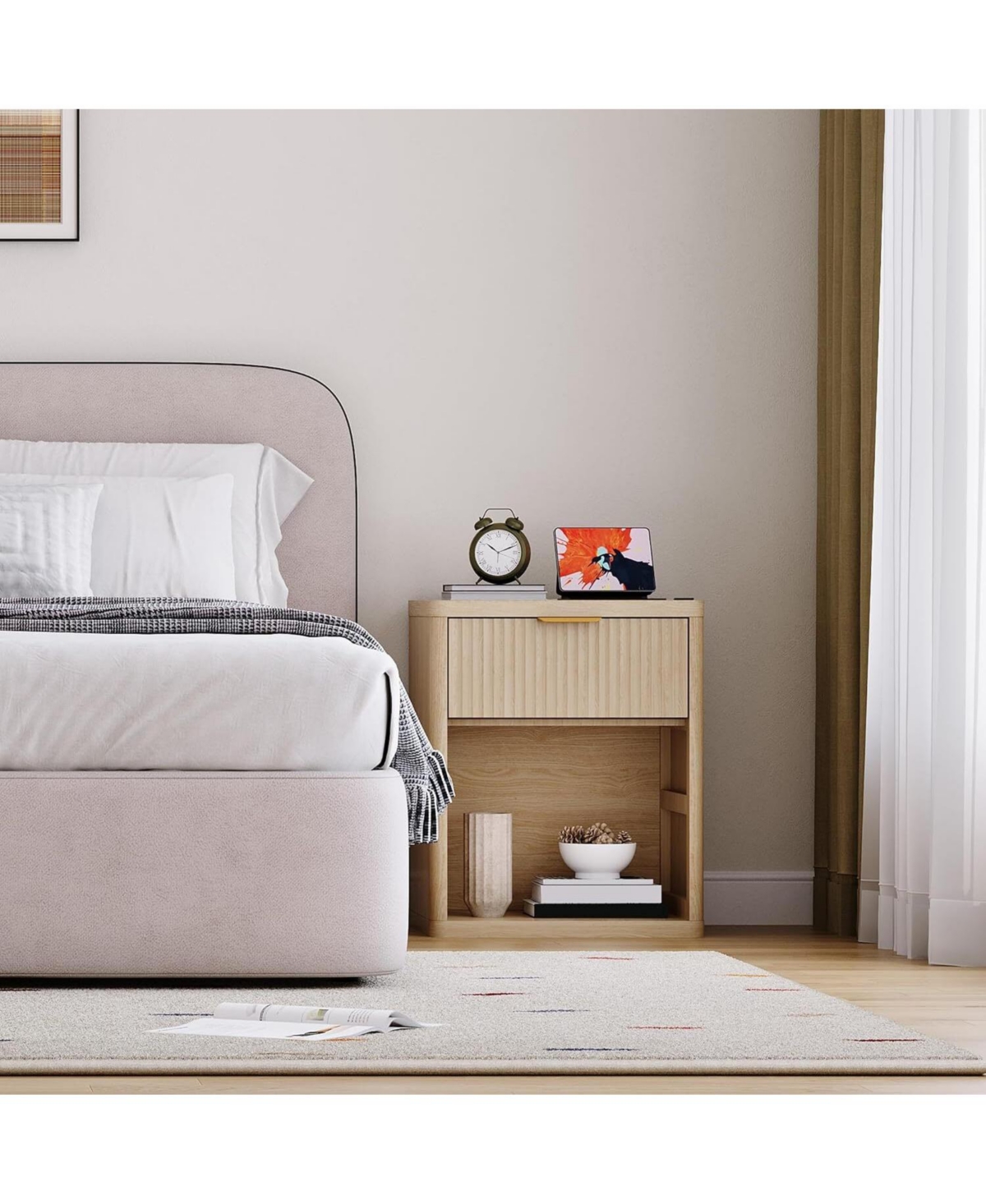 Gaomon Fluted Nightstand with Charging Station, Bedside Table Drawers and Open Storage Space, Mid Century Modern End