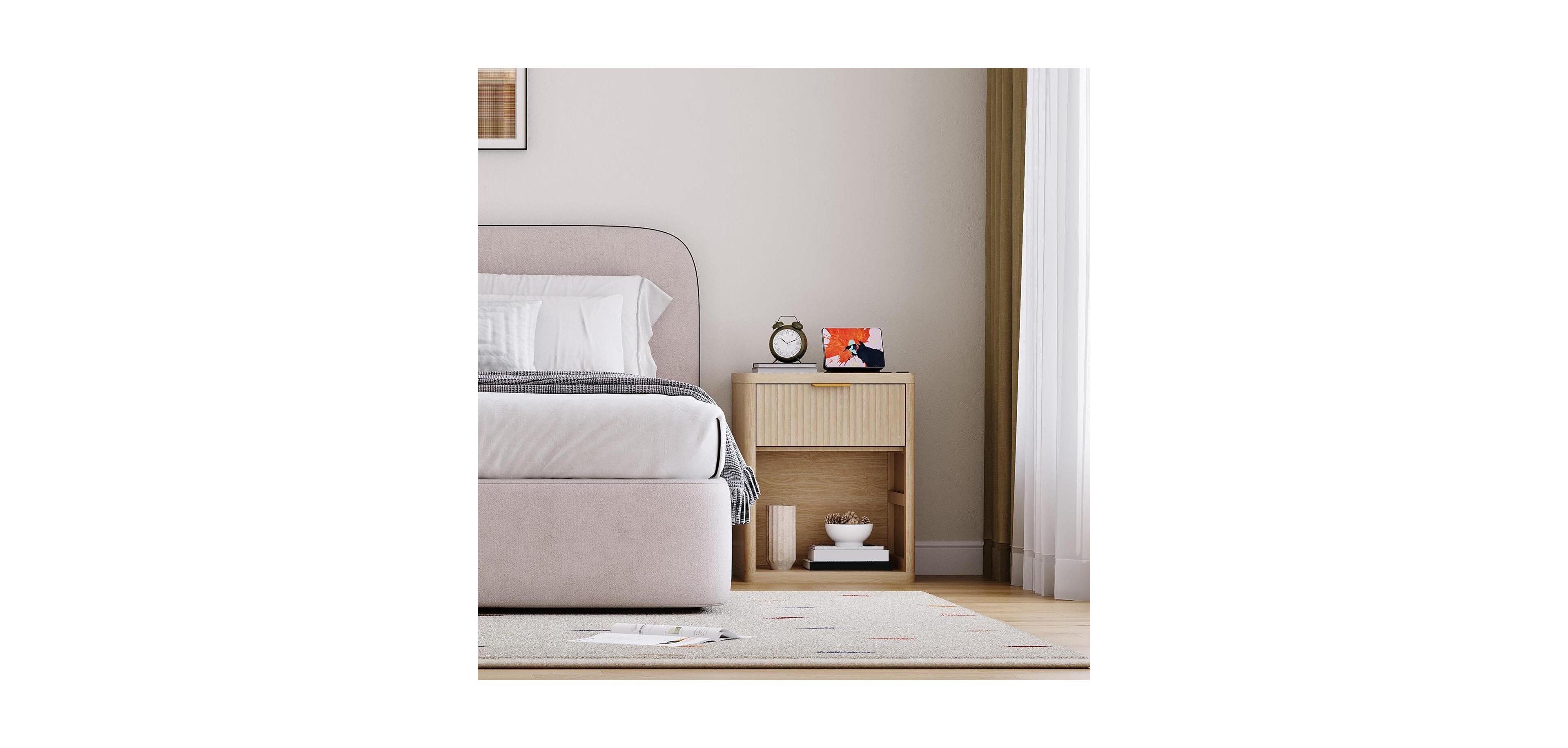Gaomon Fluted Nightstand with Charging Station, Bedside Table with Drawers and Open Storage Space, Mid Century Modern End Table
