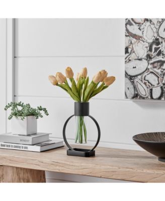 Jacob Modern Black Metal Open Circle Pedestal Clear Glass Tabletop Vase