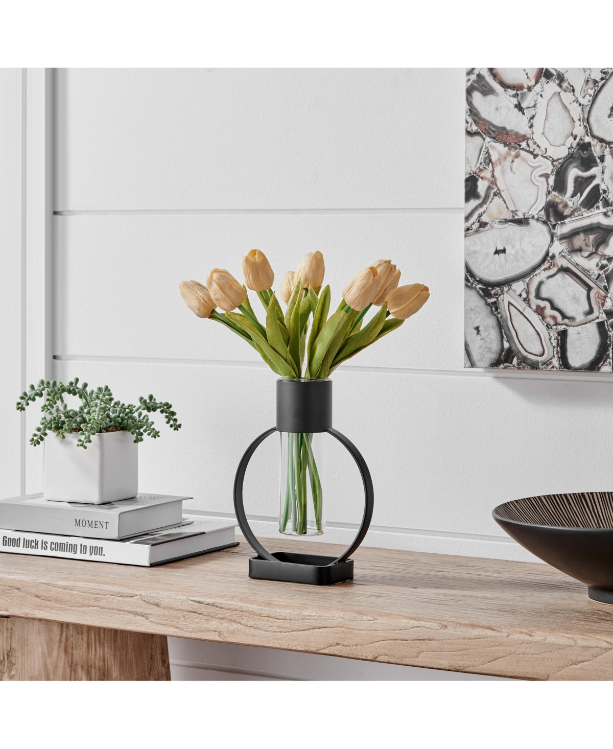 Danya B Jacob Modern Black Metal Open Circle Pedestal Clear Glass Tabletop Vase