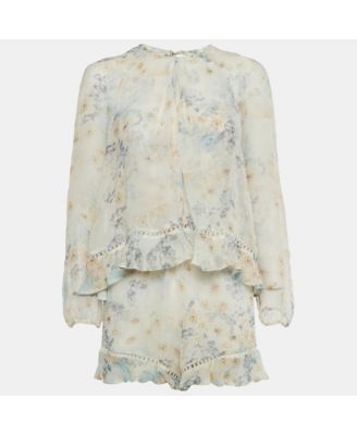Women's Cream Floral Print Silk Ruffled Playsuit