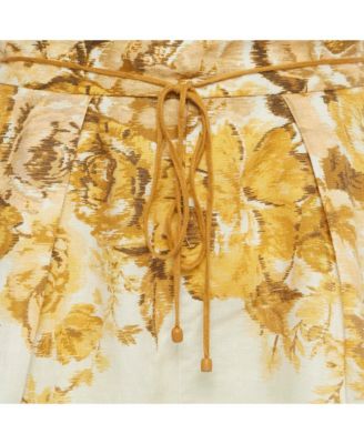 Women's Yellow Floral Print Linen Aliane Scallop Shorts