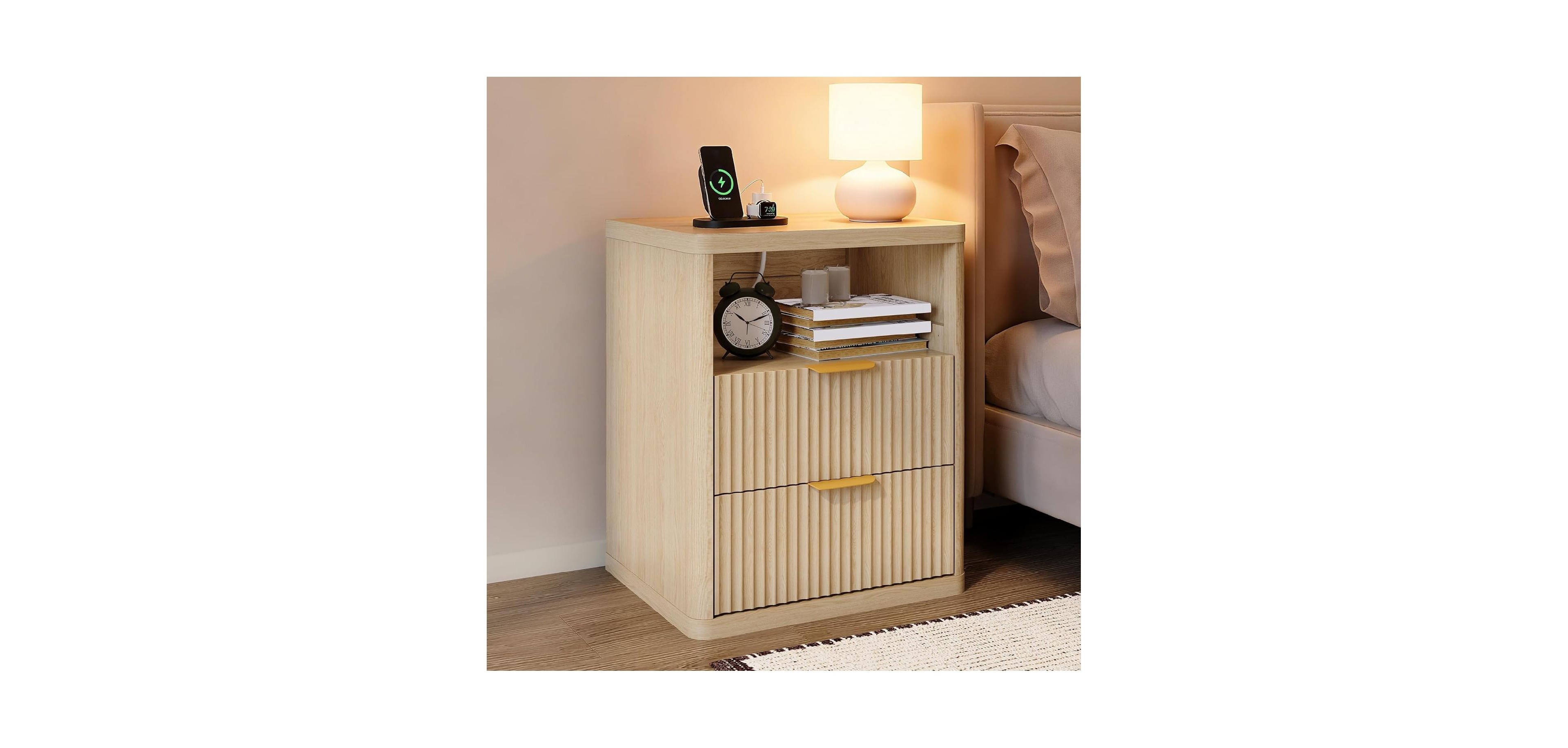 gaomon Fluted Nightstand with Charging Station, Bedside Table with 2 Drawers and Open Storage Space, Mid Century Modern End Table, 1pcs