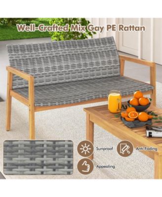 8 Pieces Outdoor Furniture Set, Acacia Wood Frame Sofa Set with Rattan Seat