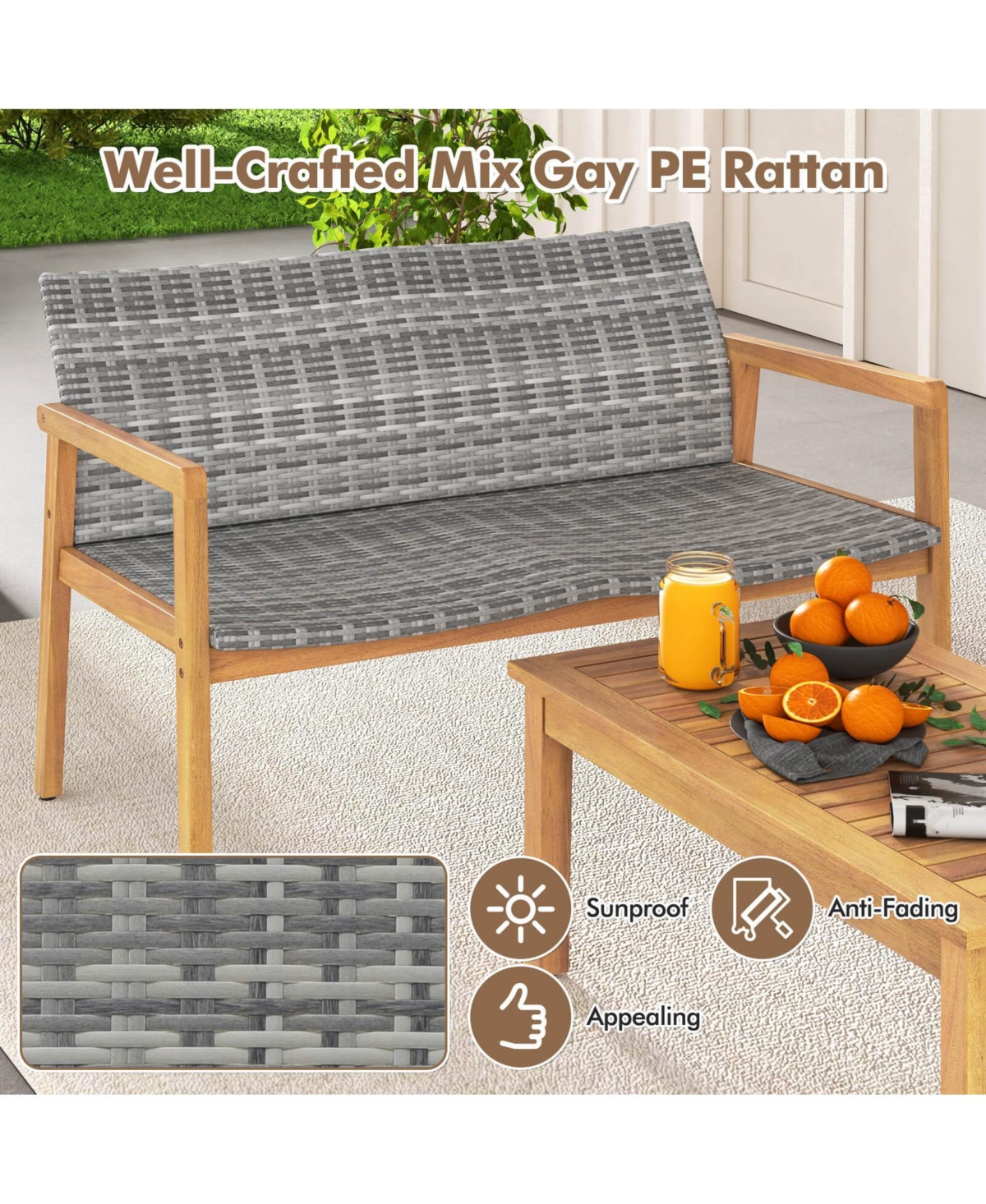 Costway 8 Pieces Outdoor Furniture Set, Acacia Wood Frame Sofa Set with Rattan Seat