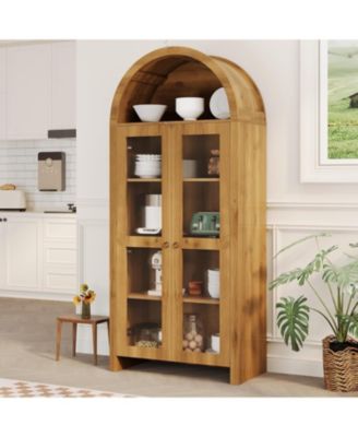 70" Tall Arched Kitchen Pantry Cabinet, 5-Tier Wood Display Storage Cabinet with Acrylic Doors Modern Freestanding Cupboard
