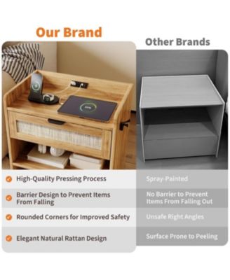 Rattan Nightstand, Bedside Table with Type-C Charging Station - 1 Storage Drawer & Open Storage Space, Boho End Table Side Table