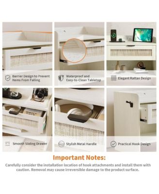 Rattan Nightstand, Bedside Table with Type-C Charging Station - 1 Storage Drawer & Open Storage Space, Boho End Table Side Table