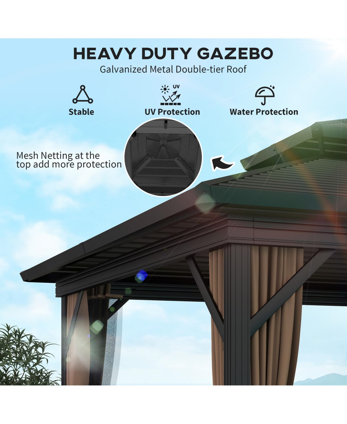 Outsunny 10' x 10' Hardtop Gazebo with Netting & Sidewalls,