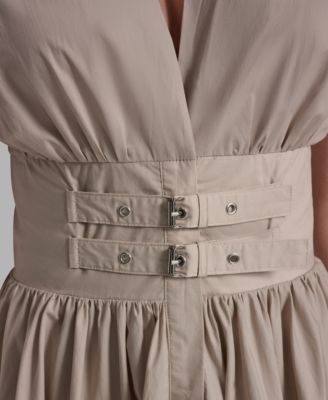 Women's Poplin Smocked-Waist V-Neck Midi Dress