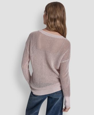 Women's Long Sleeve V-Neck Open Stitch Lurex Sweater with Logo Charm