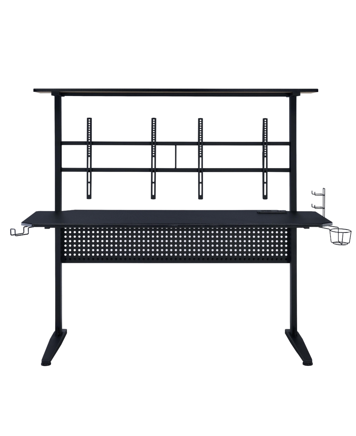 Flynama Black Gaming Desk with Led Light and Dual Screen Holders 59Inch Wide 18mm Thick Top with Open Storage Compartment
