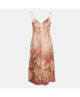 Women's Pink Floral Print Organza Silk Midi Dress