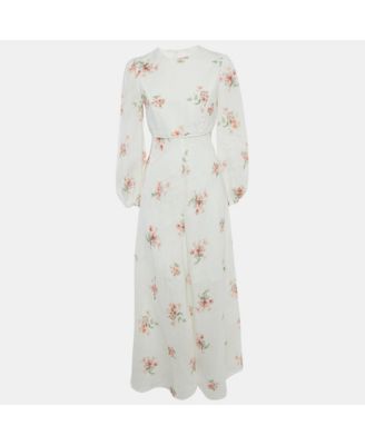 Women's White Floral Print Linen Maxi Dress