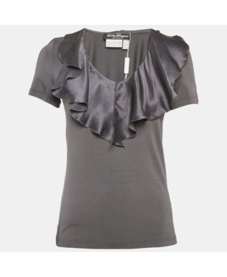 Women's Grey Knit & Silk Ruffle Neck Top
