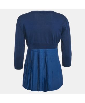 Women's Royal Blue Cotton Knit And Silk Pleated Asymmetric Top