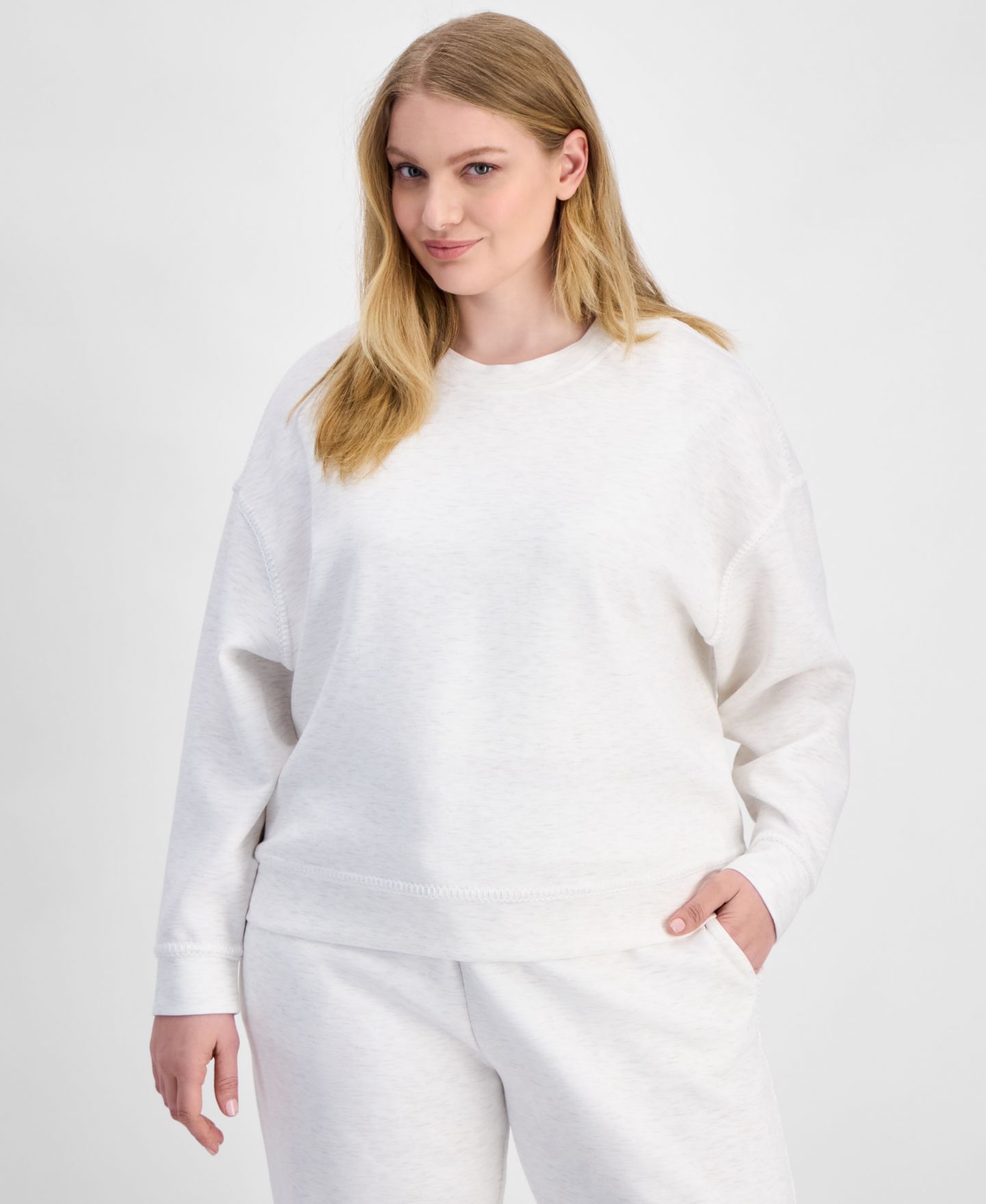Женский свитшот And Now This Trendy Plus Size Whipstitch Long-Sleeve Sweatshirt, цвет: Слоновая кость меланжевый — фото 3
