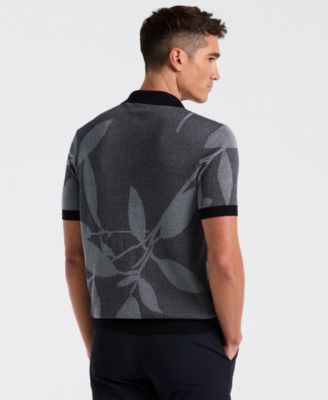 Men's Short-Sleeve Leaf Patterned Open Polo Collar Sweater