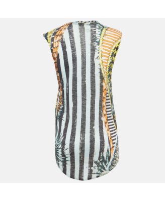 Women's Vintage Multicolor Printed Linen Knit Buttoned Detail Tank Top