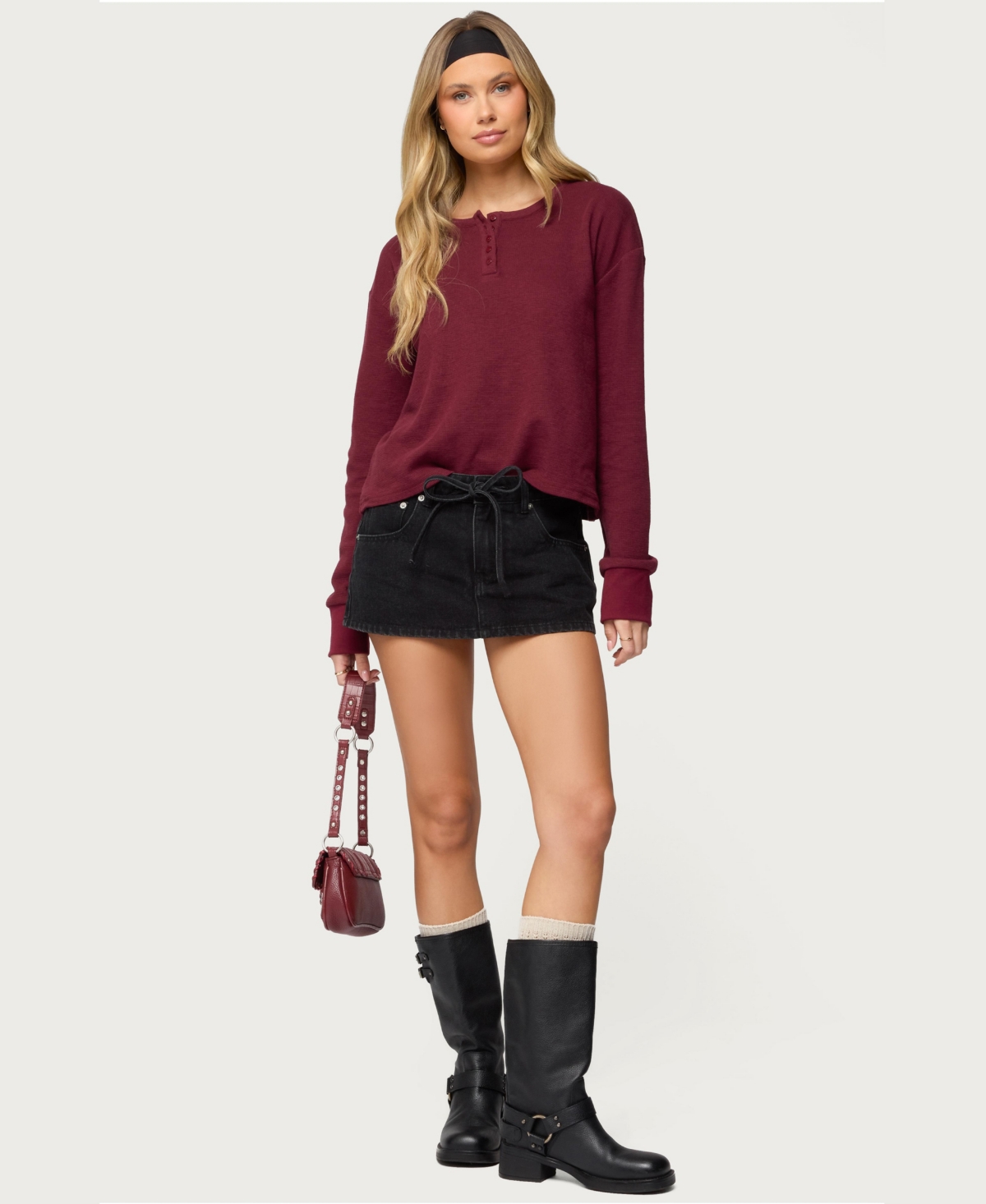 Edikted Women's Deni Long Sleeve Henley Waffle Top