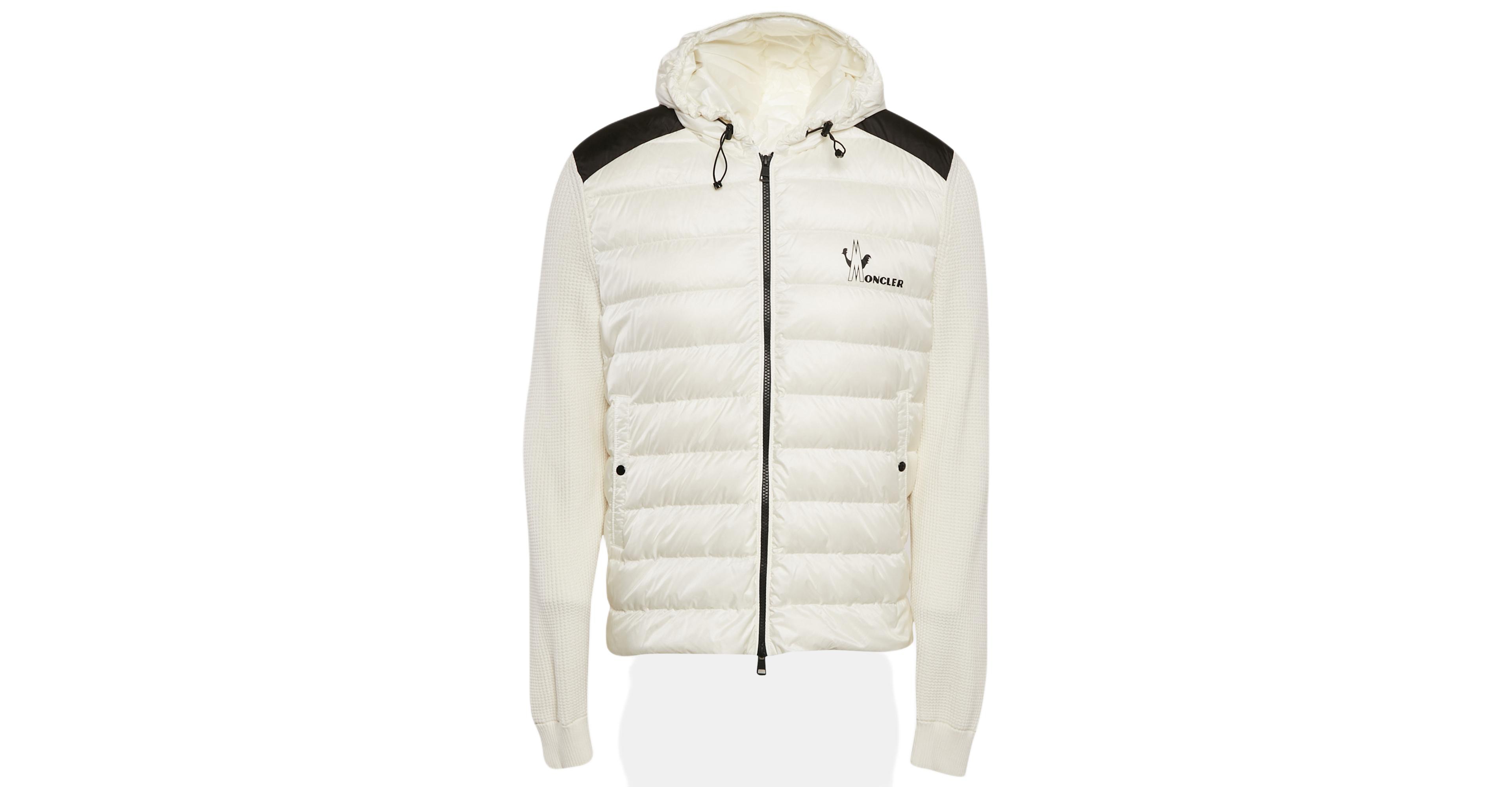 Pre-Owned Moncler Men's White Logo Print Cotton Knit And Quilted Nylon Down Jacket