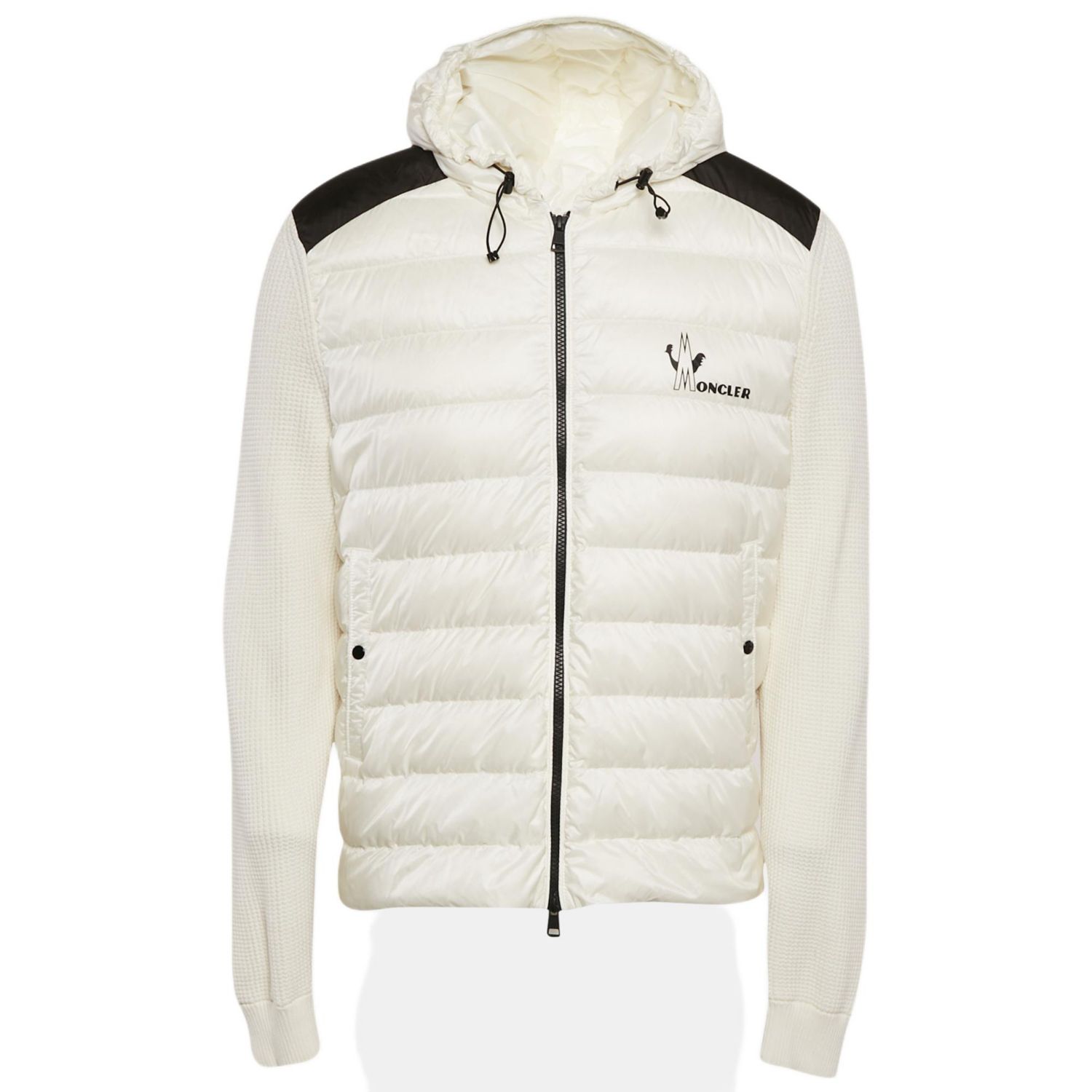 Men's White Logo Print Cotton Knit And Quilted Nylon Down Jacket